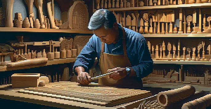 An artisan carving wood with intricate designs, tools beside them in a warmly lit workshop.