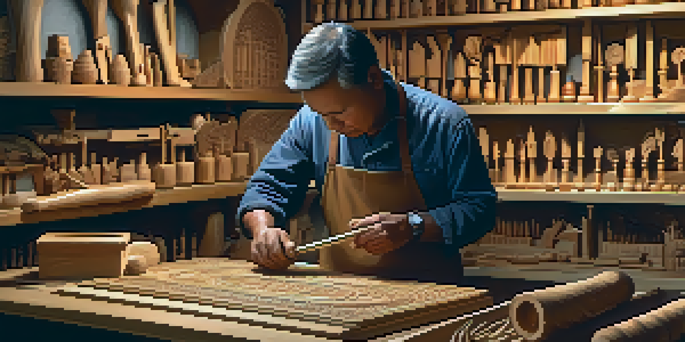 An artisan carving wood with intricate designs, tools beside them in a warmly lit workshop.