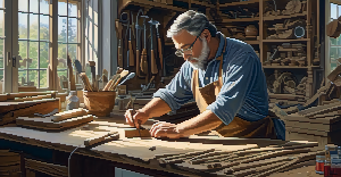 A focused artisan carving wood in a well-lit workshop filled with tools and wood shavings.