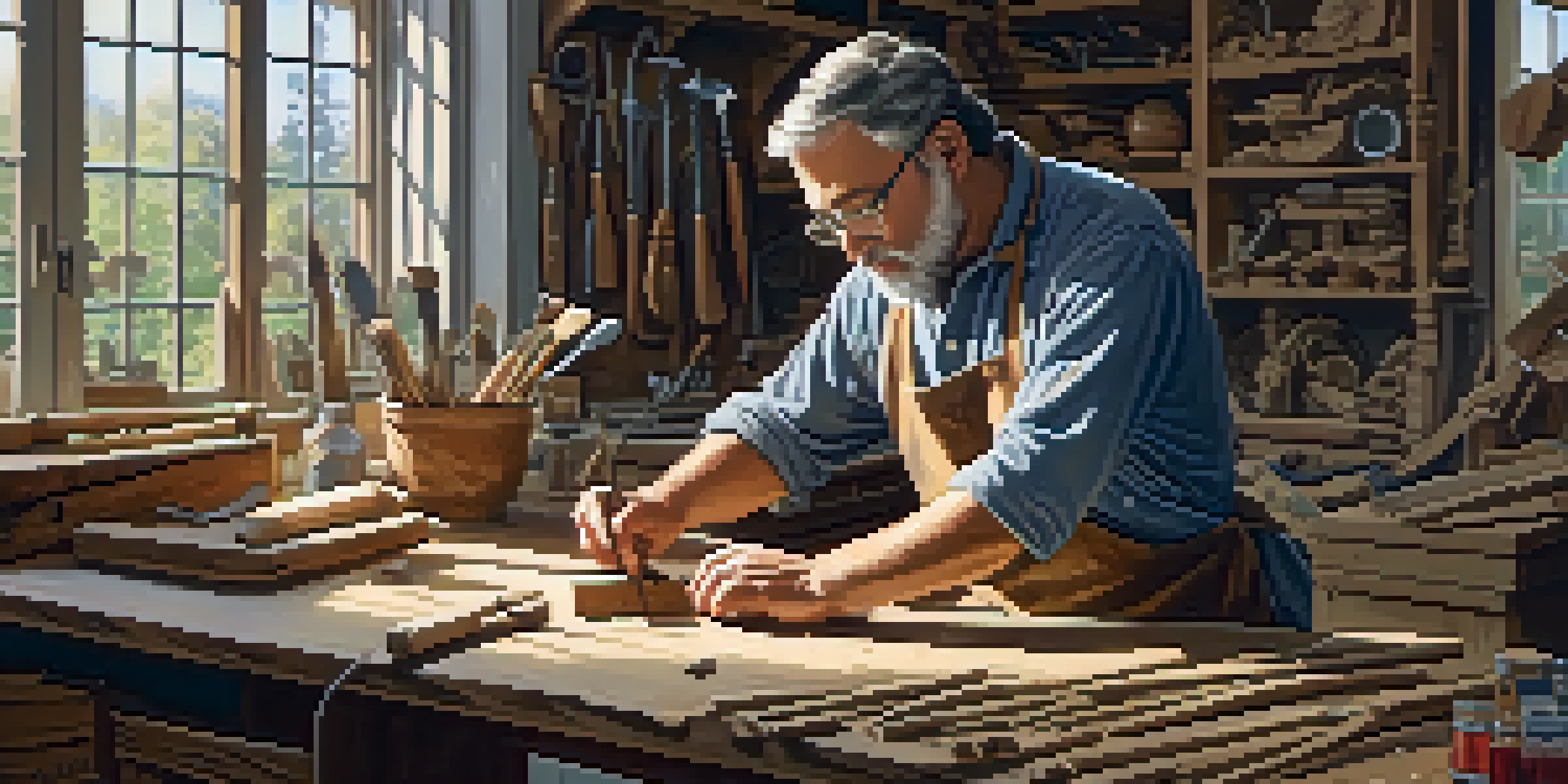A focused artisan carving wood in a well-lit workshop filled with tools and wood shavings.