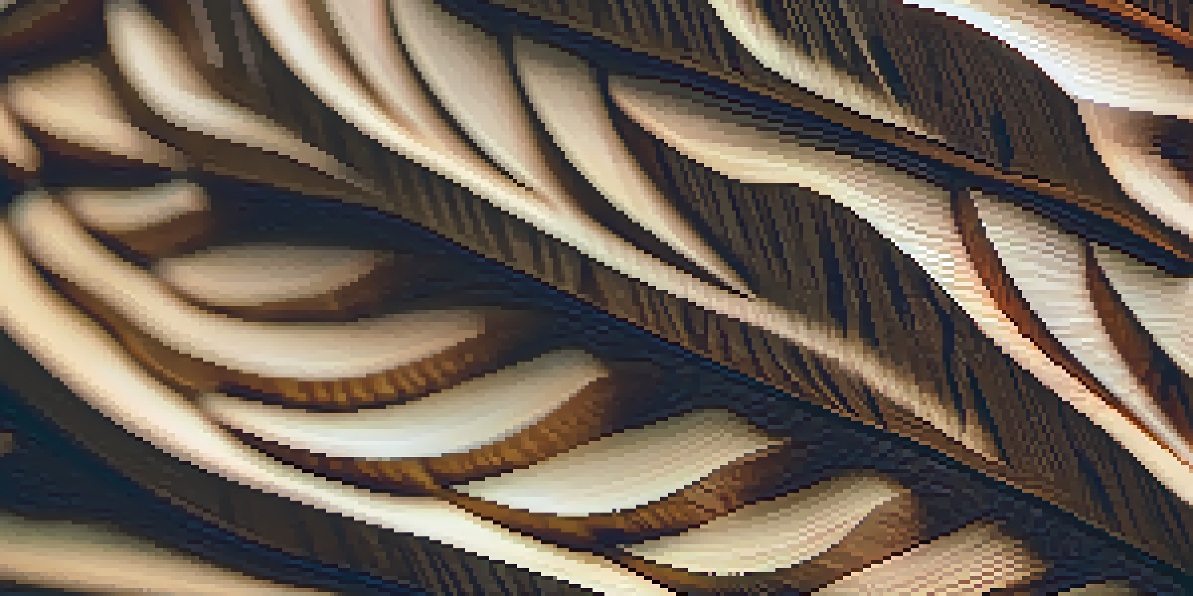 A detailed view of a wooden sculpture showcasing intricate grain patterns under warm lighting.