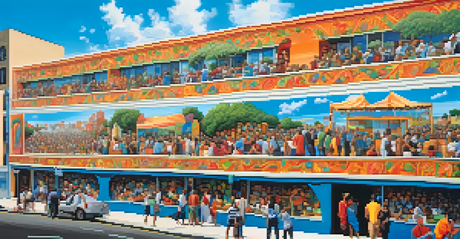 A colorful modern mural resembling a frieze, showing a diverse community scene with people engaging in cultural activities under a blue sky.