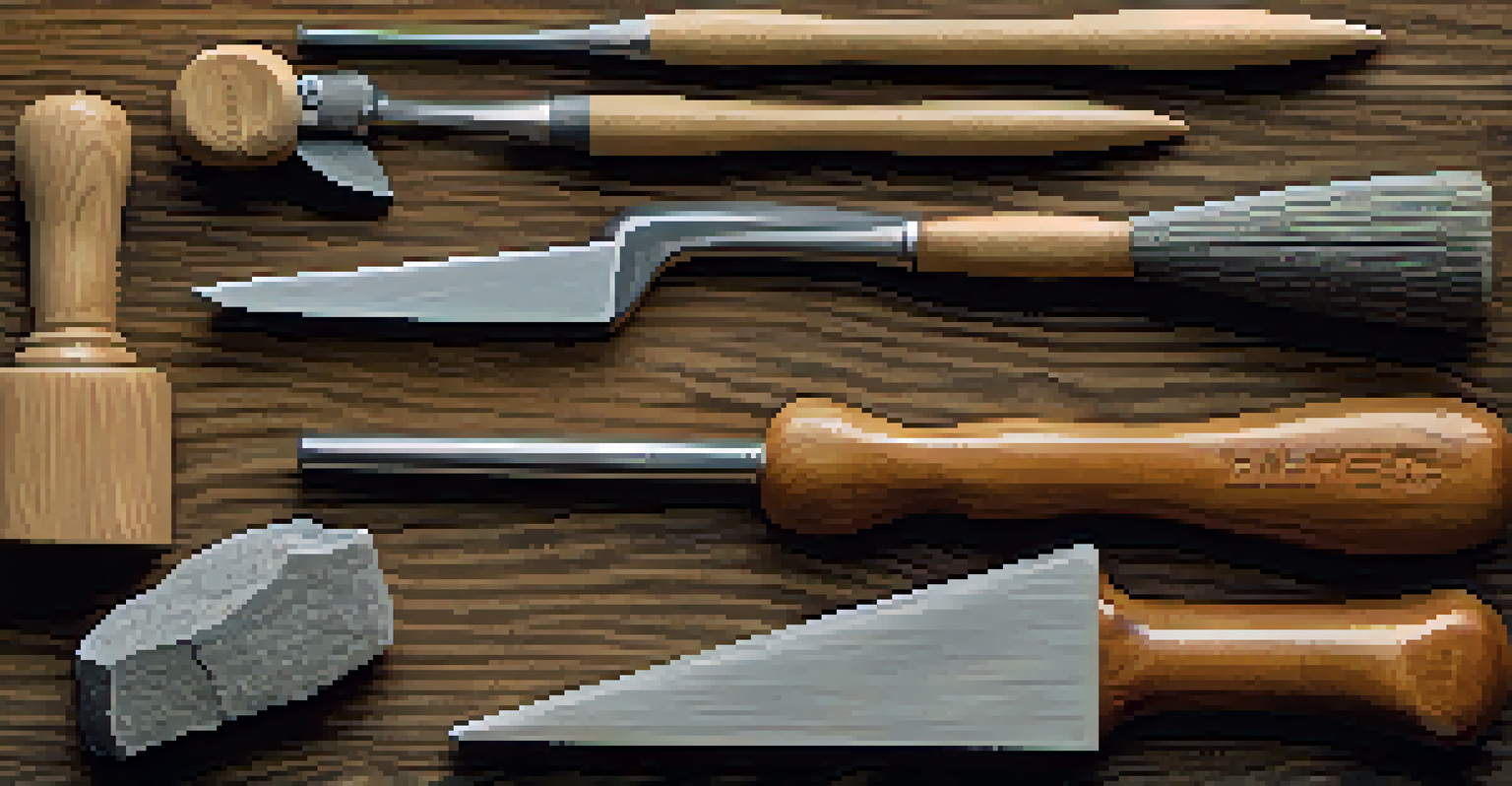 Close-up of stone carving hand tools on a wooden surface, highlighting chisels and hammer with intricate details.