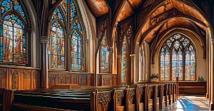A wooden church interior featuring detailed Gothic carvings and colorful stained glass windows, with sunlight illuminating the space.