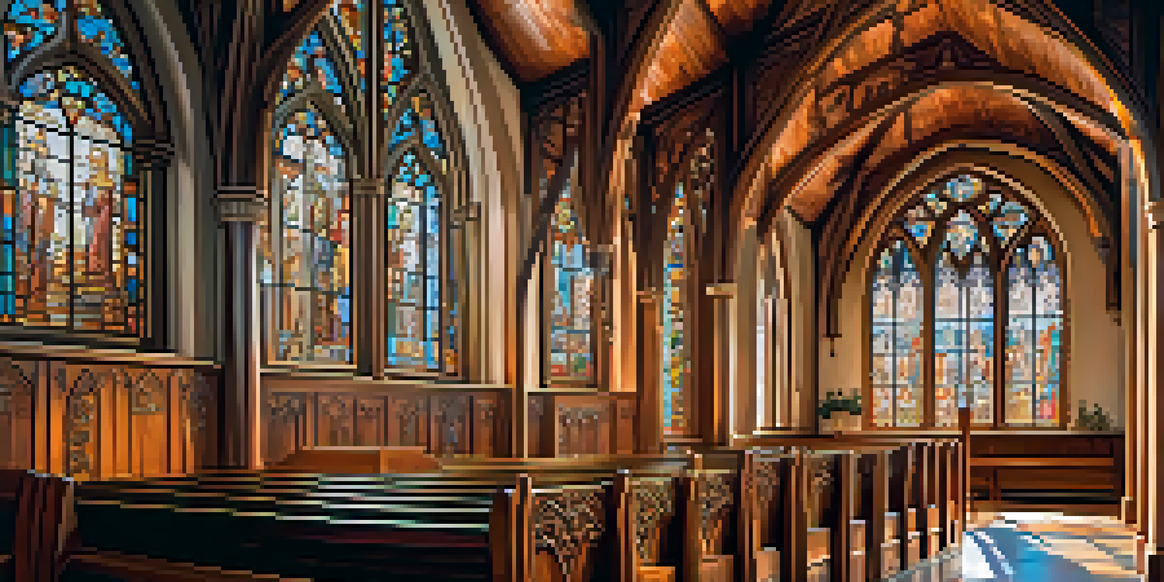 A wooden church interior featuring detailed Gothic carvings and colorful stained glass windows, with sunlight illuminating the space.