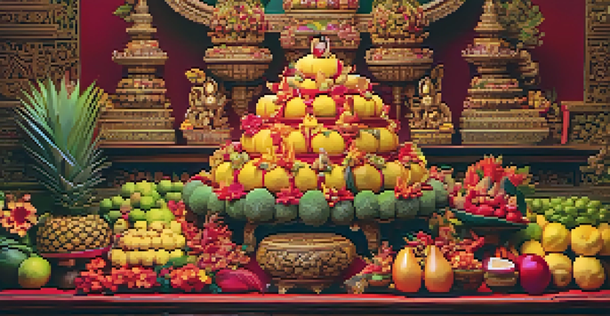 A colorful display of intricately carved fruits arranged for a Thai festival, showcasing floral and mythical designs.