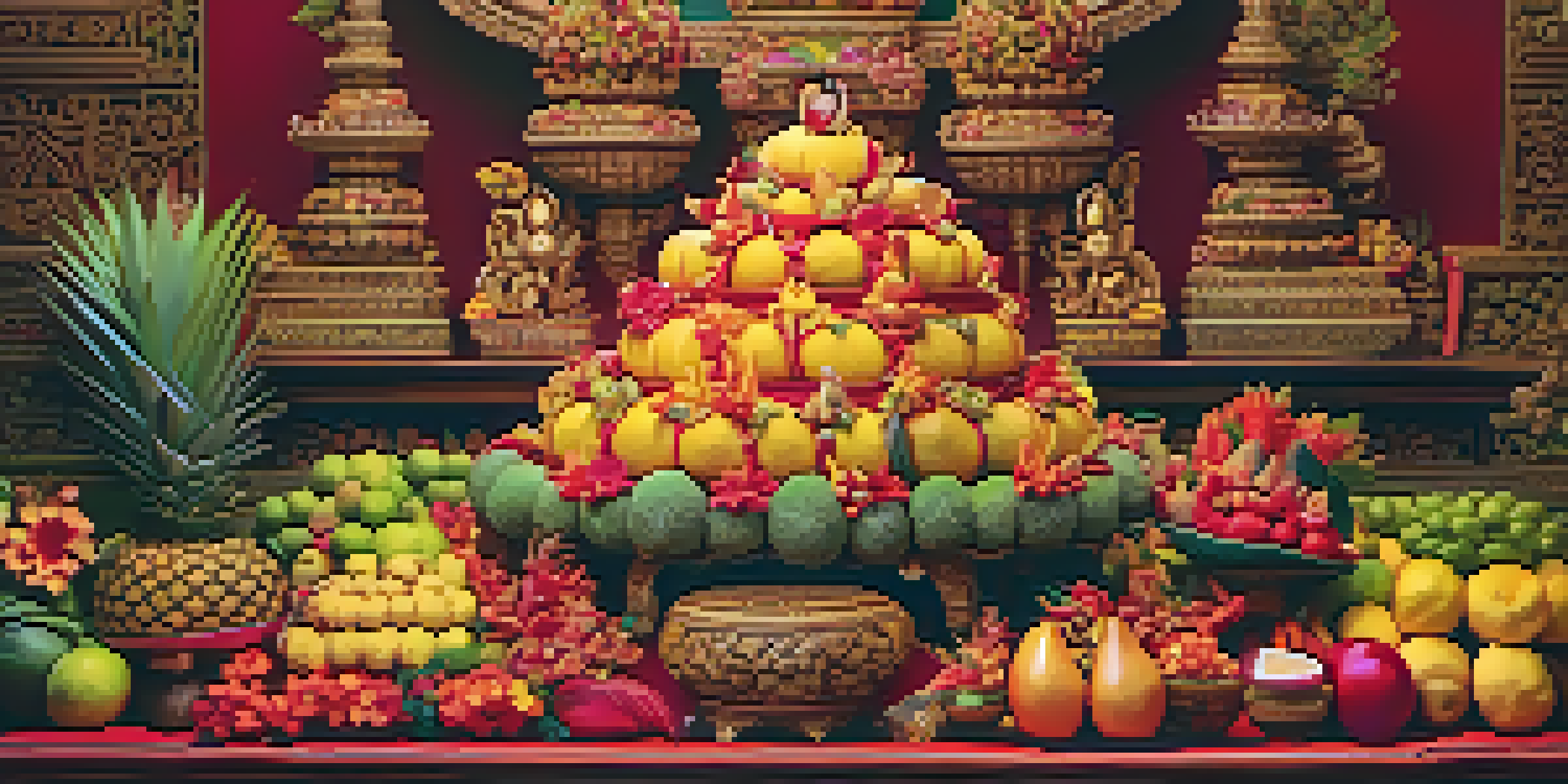A colorful display of intricately carved fruits arranged for a Thai festival, showcasing floral and mythical designs.