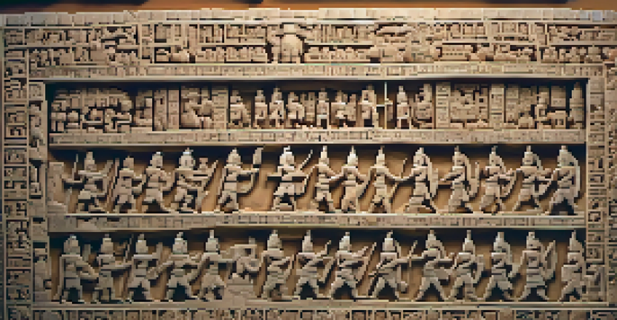 A detailed close-up of a Maya limestone tablet with intricate carvings of gods and mythological scenes, illuminated softly to highlight its texture.