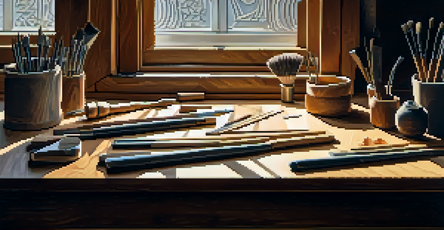 An artist's workspace with carving tools and a partially carved wooden piece, illuminated by sunlight.