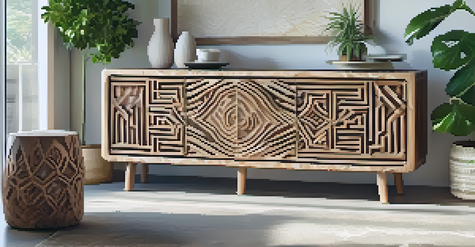 A modern carved furniture piece made from reclaimed wood, featuring geometric patterns in a bright, eco-friendly living room filled with plants.