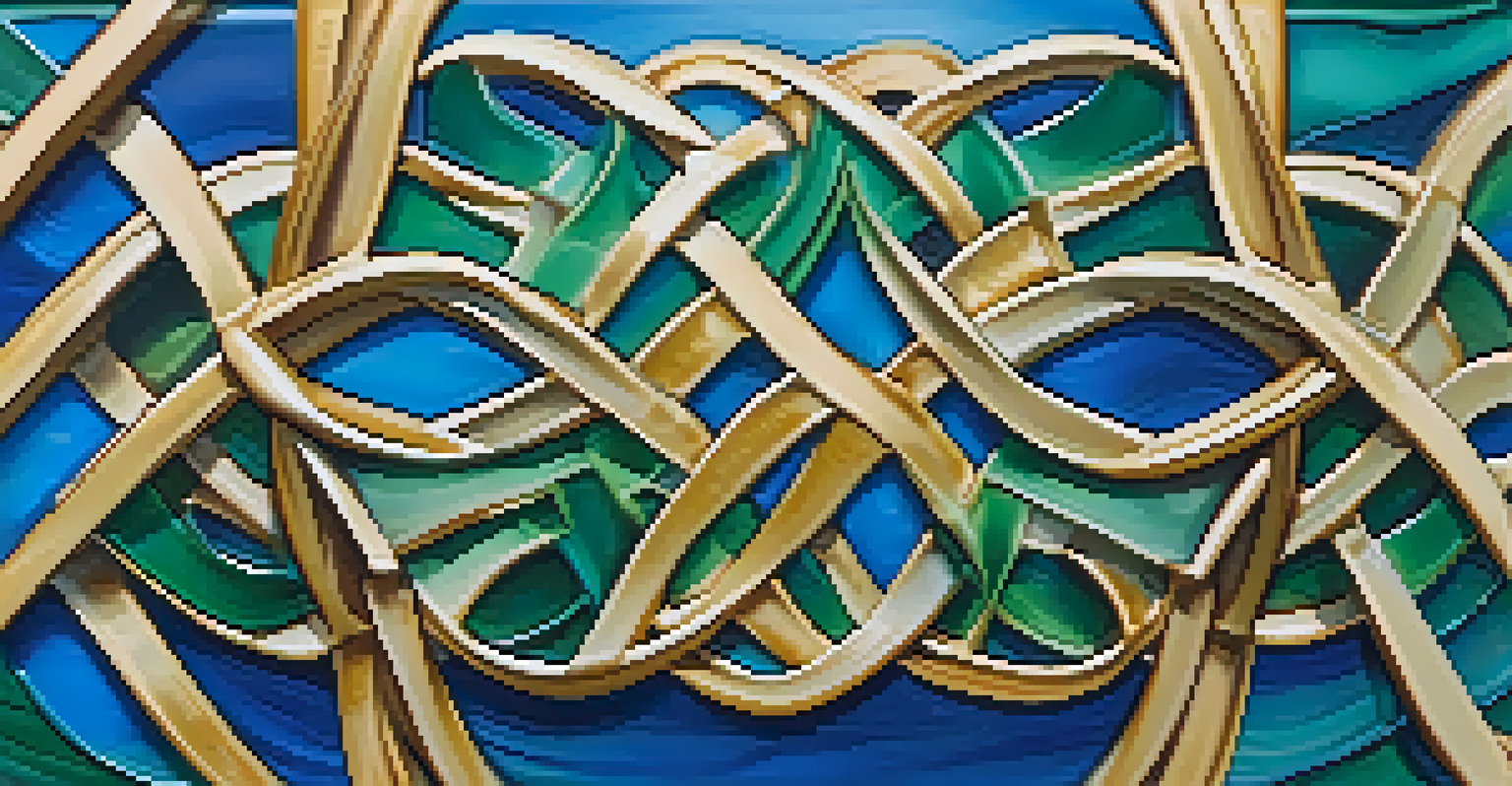 A colorful resin Celtic knot art piece in blue, green, and gold, arranged on a light surface with soft shadows.