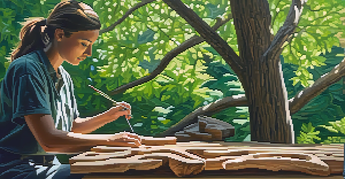 A sculptor carving a large piece of art from reclaimed wood in a serene outdoor setting, with sunlight filtering through the trees.