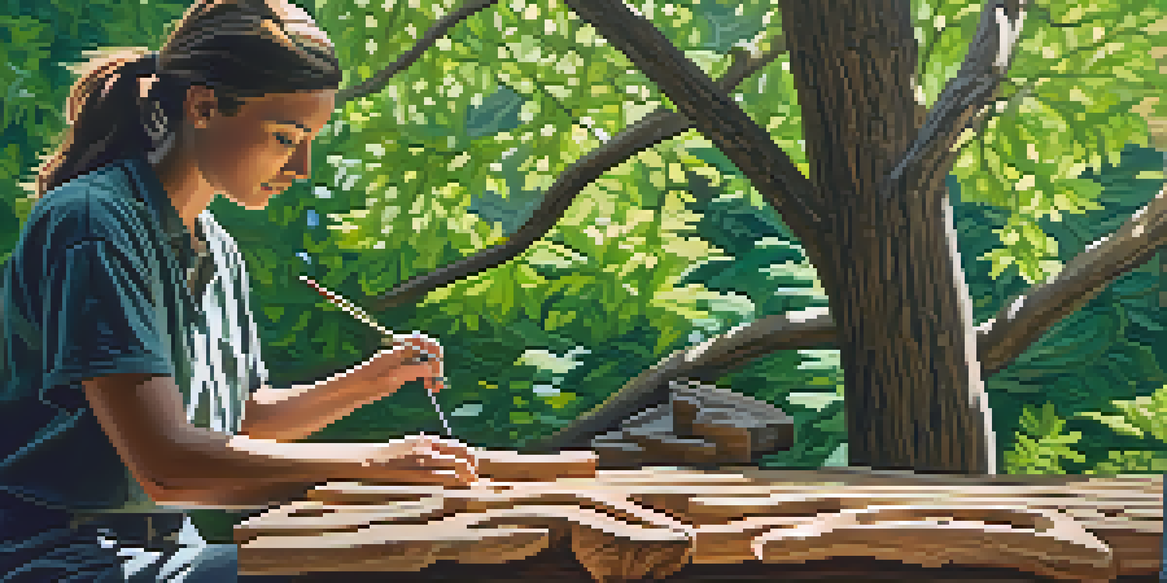 A sculptor carving a large piece of art from reclaimed wood in a serene outdoor setting, with sunlight filtering through the trees.