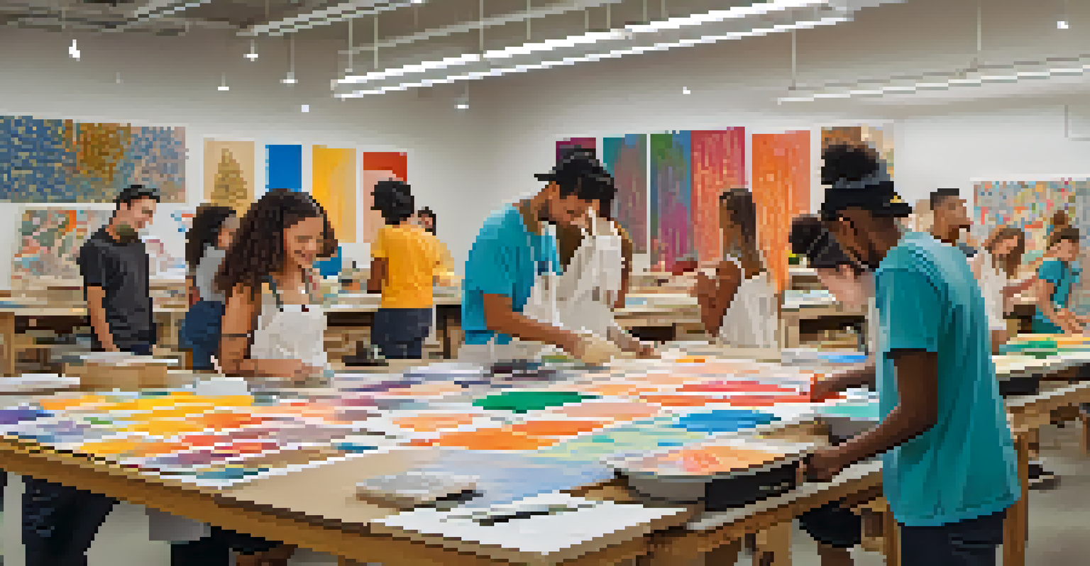 A linoleum printing workshop with participants creating colorful prints and sharing ideas.