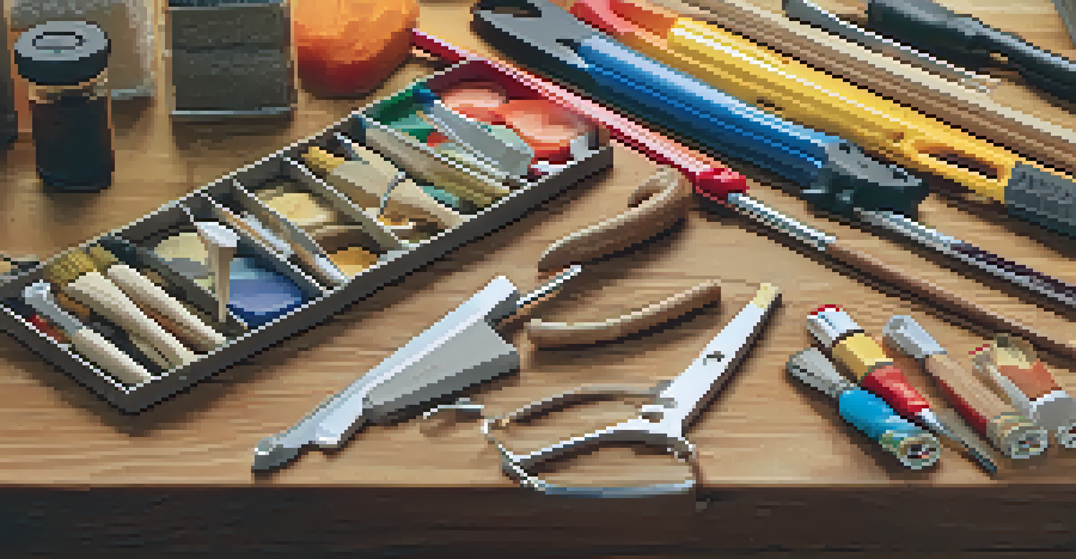 A detailed view of a colorful and safe carving kit, showcasing ergonomic tools and safety gear on a wooden table.