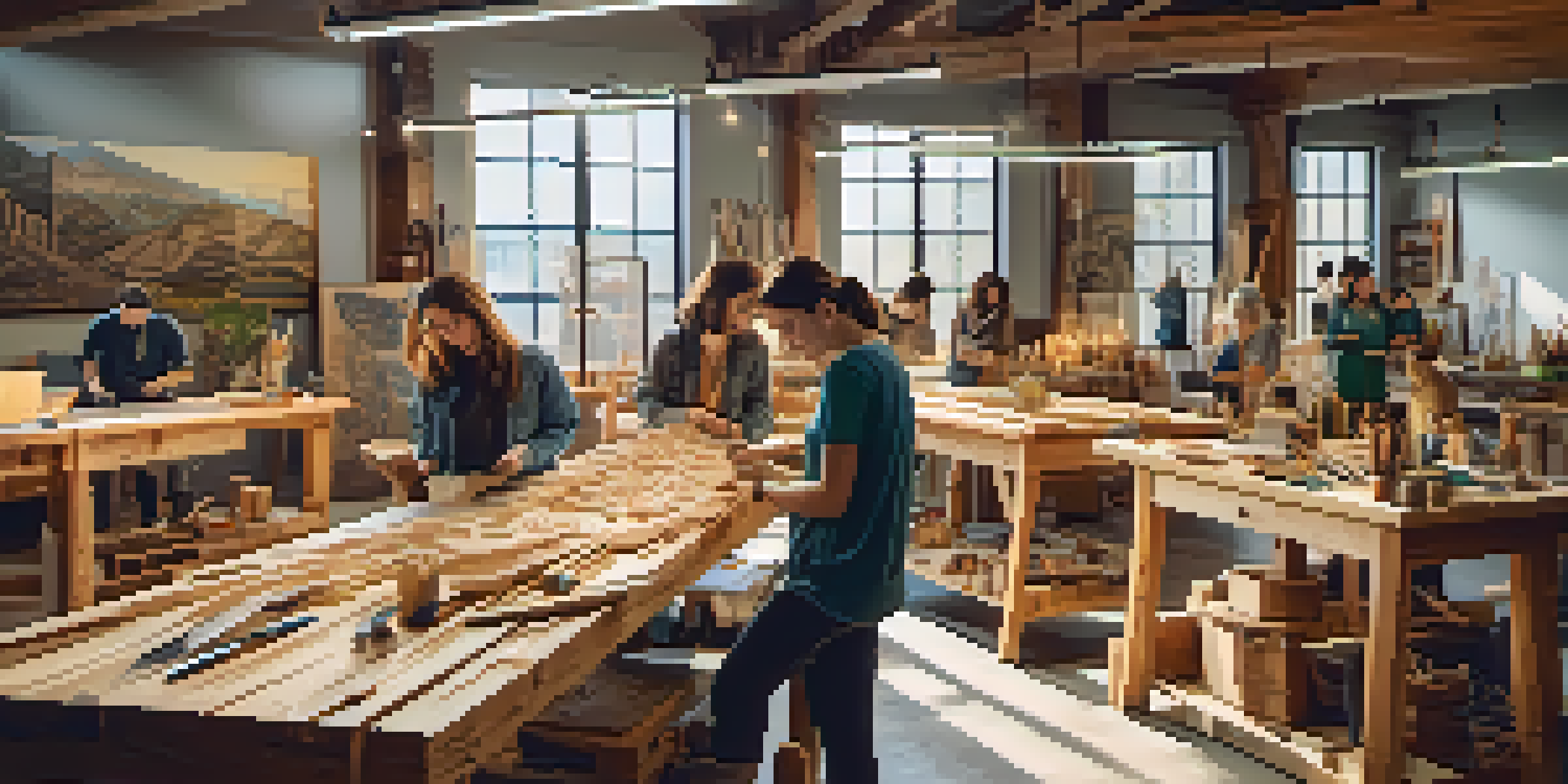 A lively workshop with artists carving eco-friendly materials, showcasing their vibrant creations under natural light.