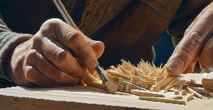 An artisan's hands carving a small figurine from basswood, with shavings on the workbench and soft natural light illuminating the scene.