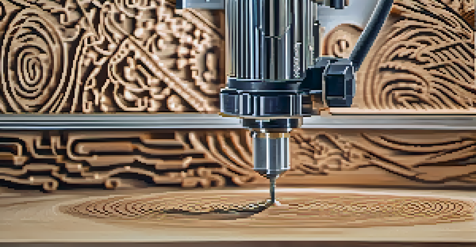 A CNC machine carving a pattern into wood, showcasing the fusion of digital tools and traditional carving techniques.