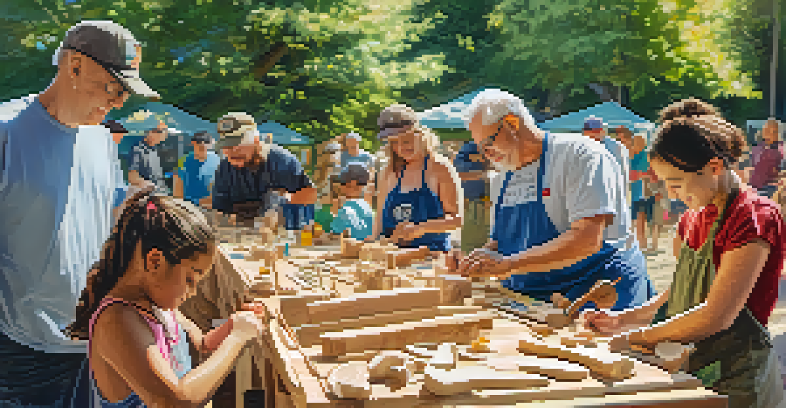 A community workshop with people of different ages carving wood outdoors, surrounded by tools and colorful wood pieces.