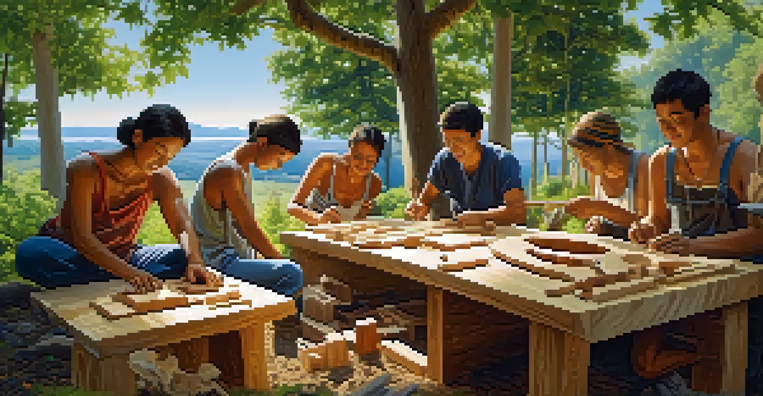 A group of people participating in an outdoor carving workshop, surrounded by trees, each working on their projects with friendly interactions.