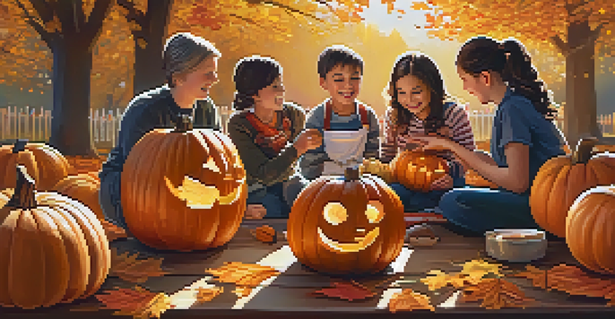 A family gathered around a table, carving pumpkins with intricate designs, surrounded by autumn leaves and soft sunlight.