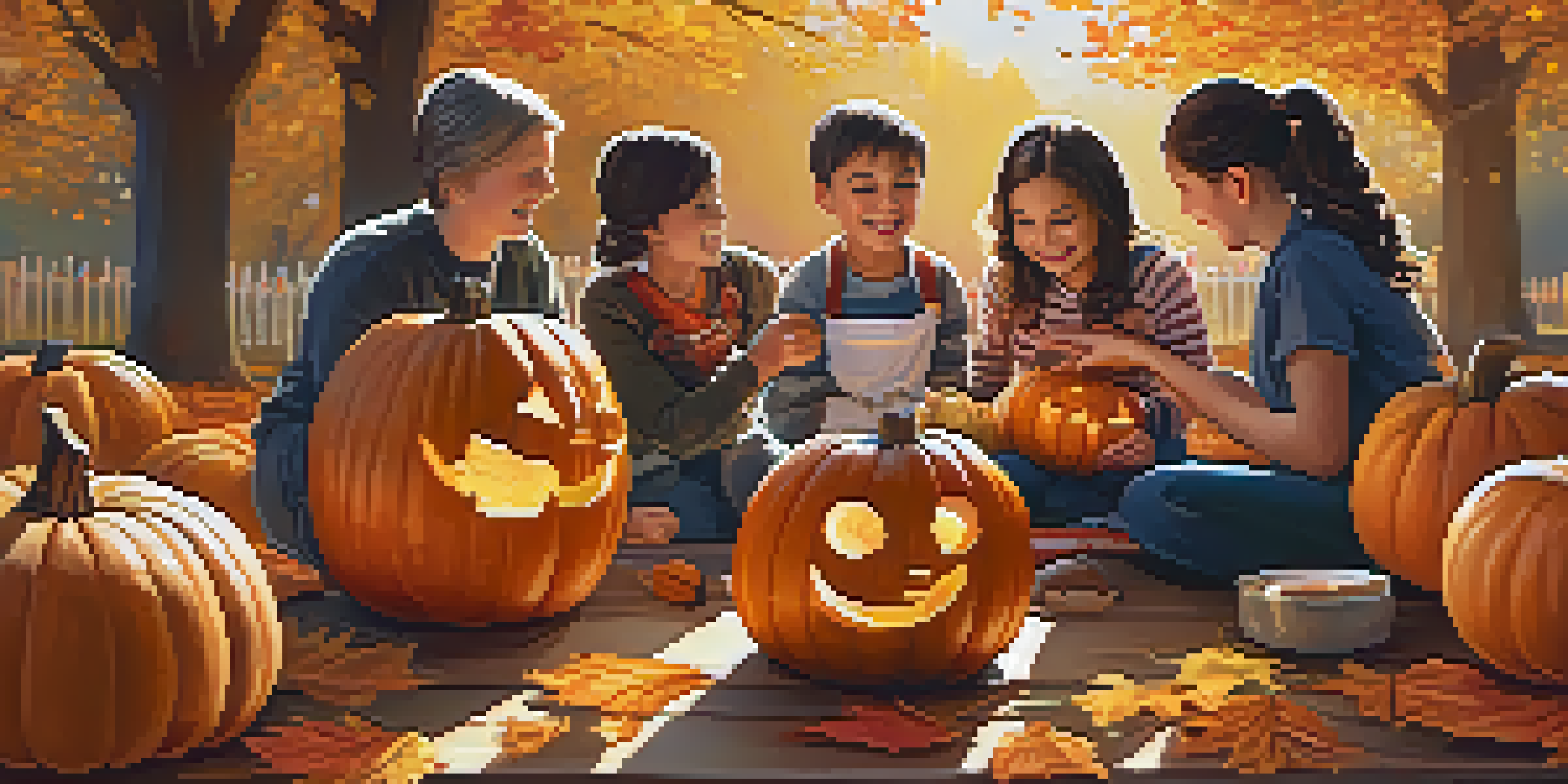 A family gathered around a table, carving pumpkins with intricate designs, surrounded by autumn leaves and soft sunlight.