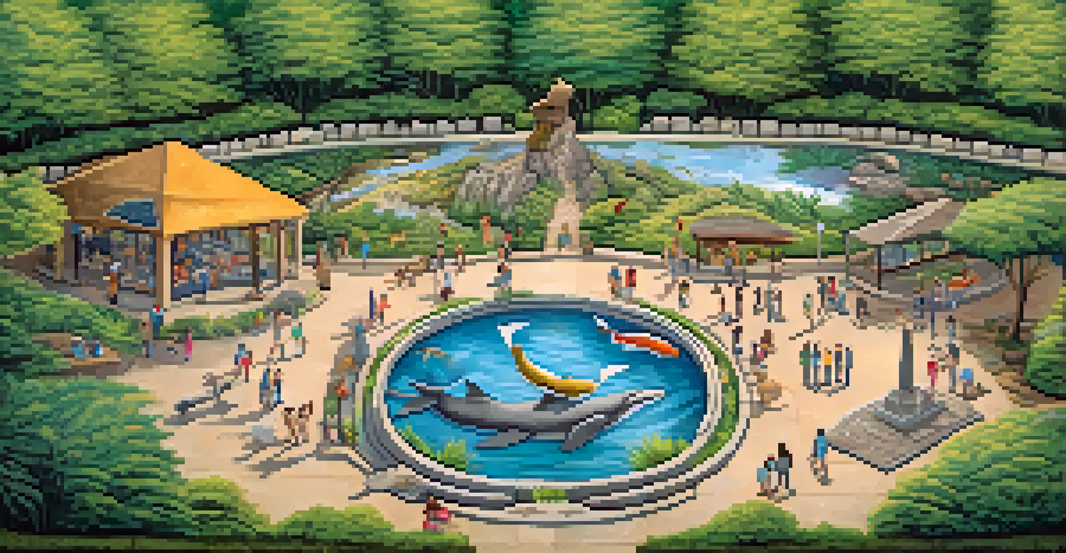 An aerial view of a stone mural in a park, showcasing local wildlife and natural landmarks, with people admiring the artwork.