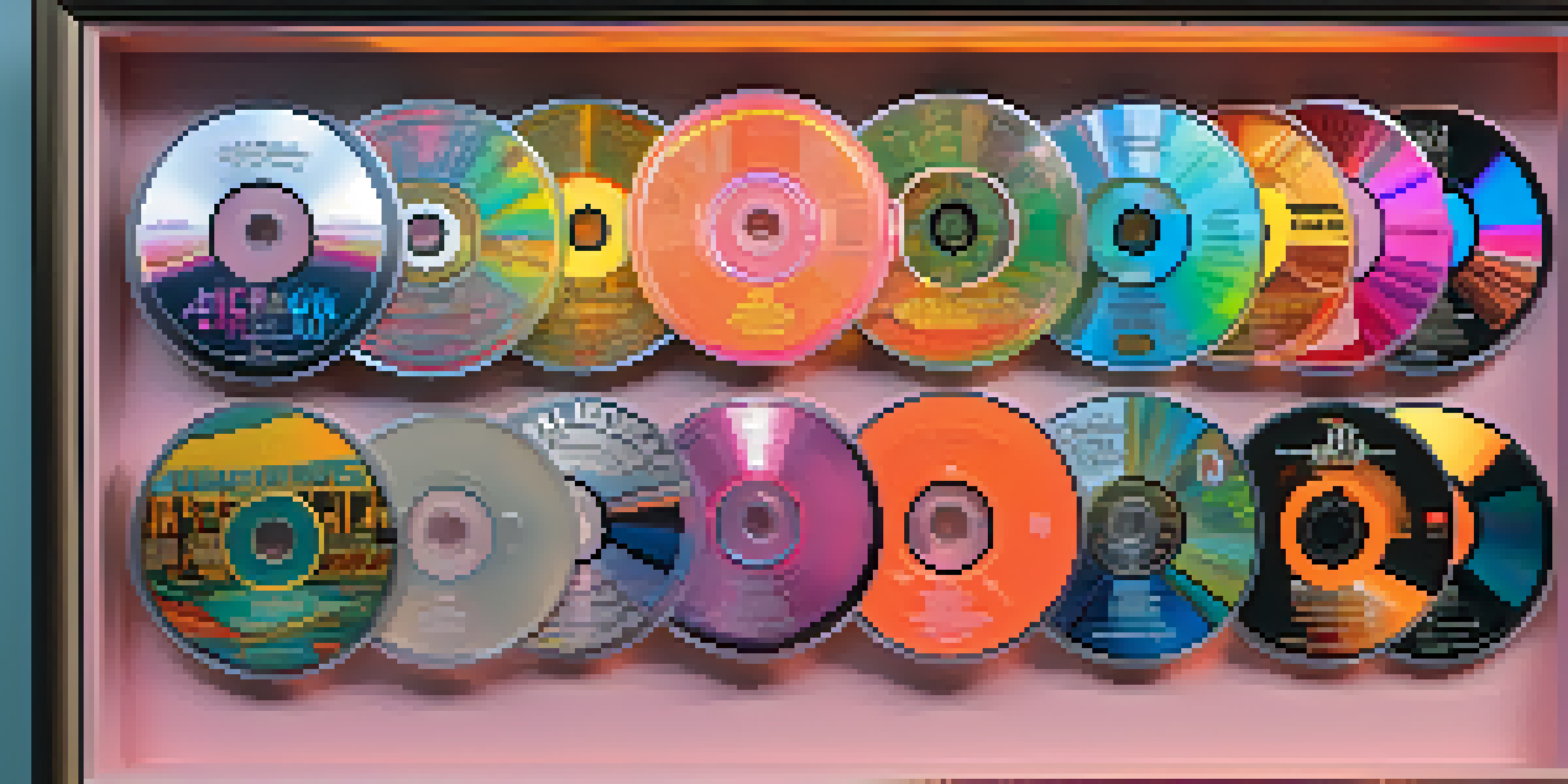 A shadow box showcasing colorful CD art with intricate carvings, illuminated softly.