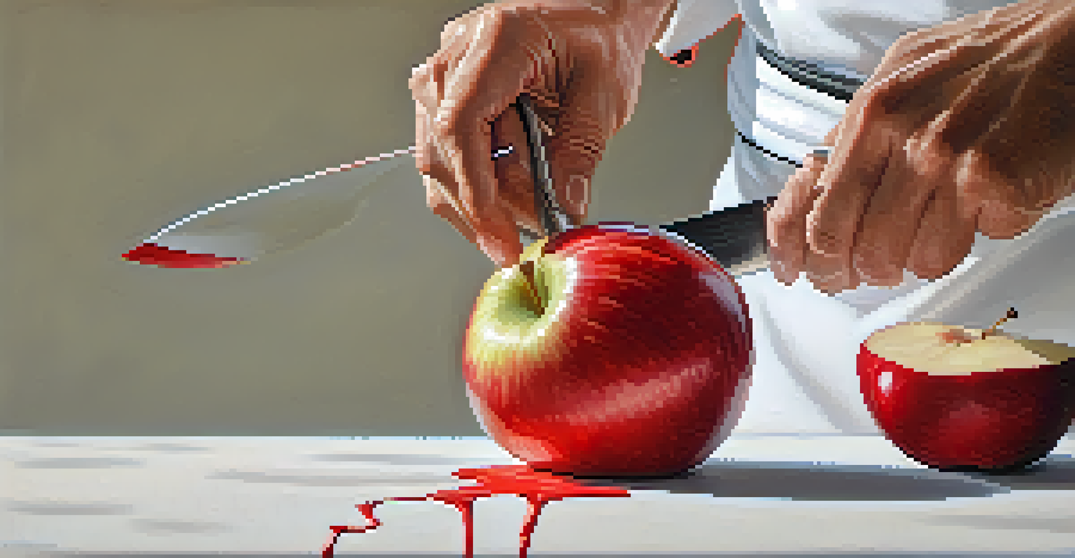 A chef carving an apple with a paring knife, showing intricate designs and textures.