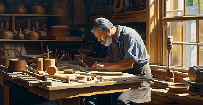 An artisan in a workshop, focused on carving a wooden musical instrument, with warm lighting and wood shavings around.