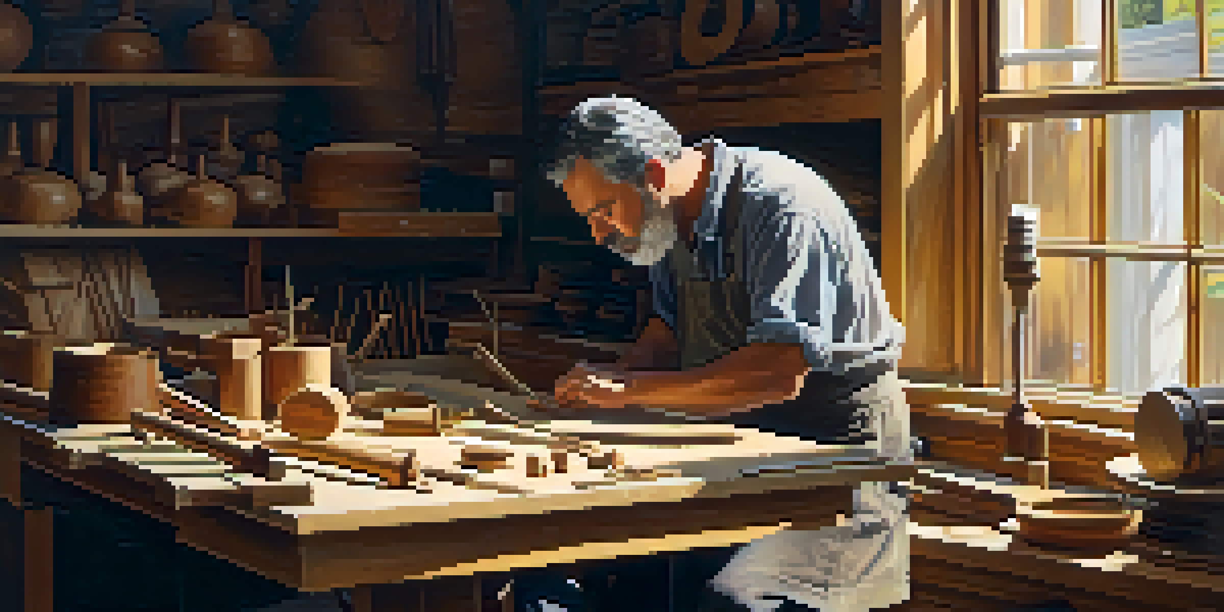 An artisan in a workshop, focused on carving a wooden musical instrument, with warm lighting and wood shavings around.