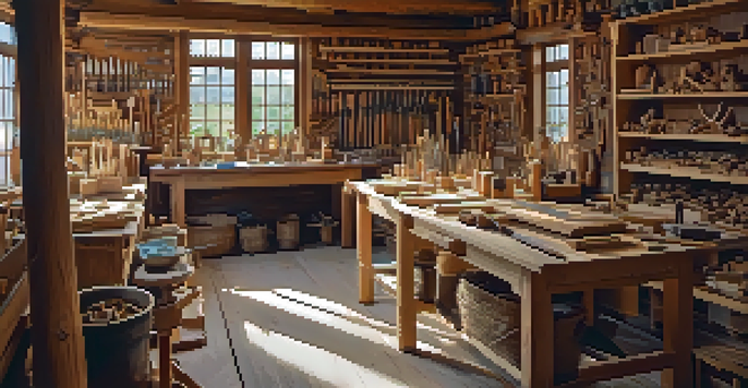 A wood carving workshop with a sunlit workbench covered in tools and a partially carved figure, surrounded by wood shavings and finished wooden art on the walls.