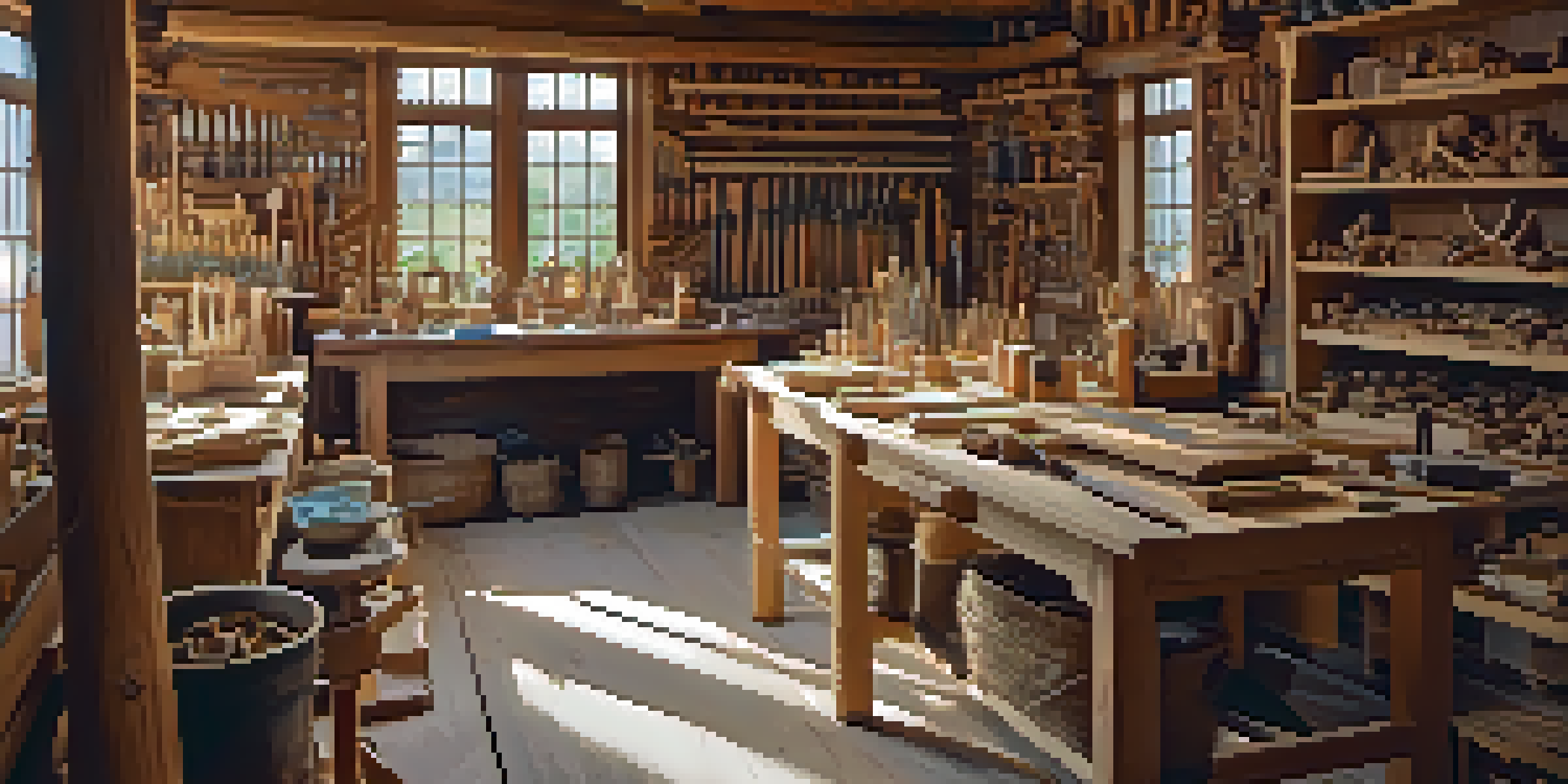 A wood carving workshop with a sunlit workbench covered in tools and a partially carved figure, surrounded by wood shavings and finished wooden art on the walls.