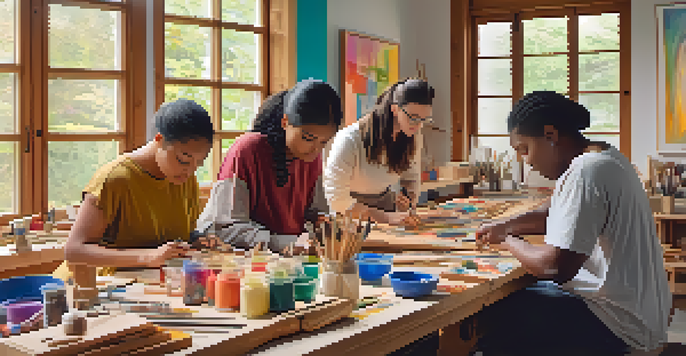 A bright and welcoming art therapy workshop where diverse individuals are carving wood. The room is filled with natural light and decorated with colorful tools and art pieces.