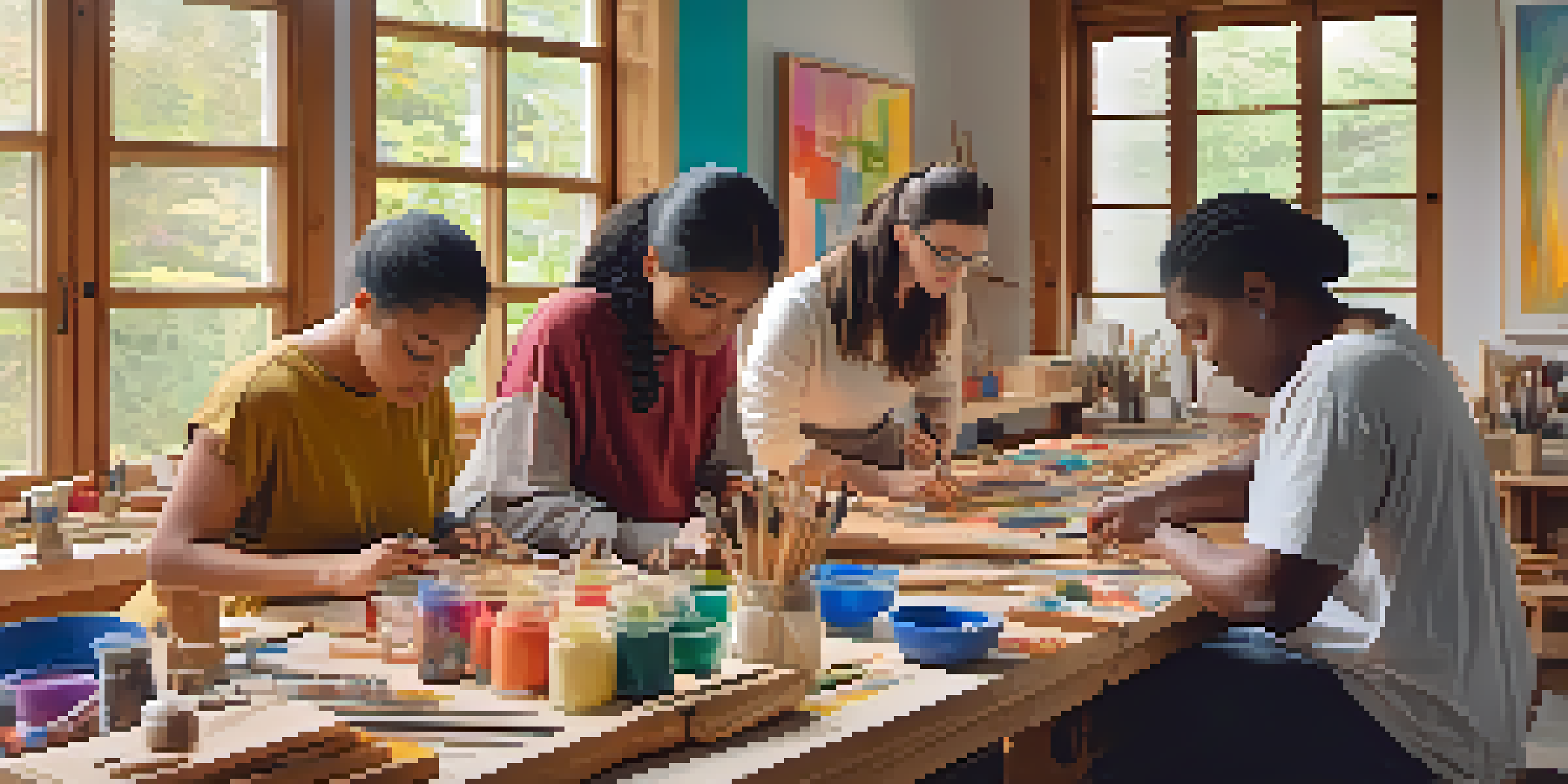 A bright and welcoming art therapy workshop where diverse individuals are carving wood. The room is filled with natural light and decorated with colorful tools and art pieces.