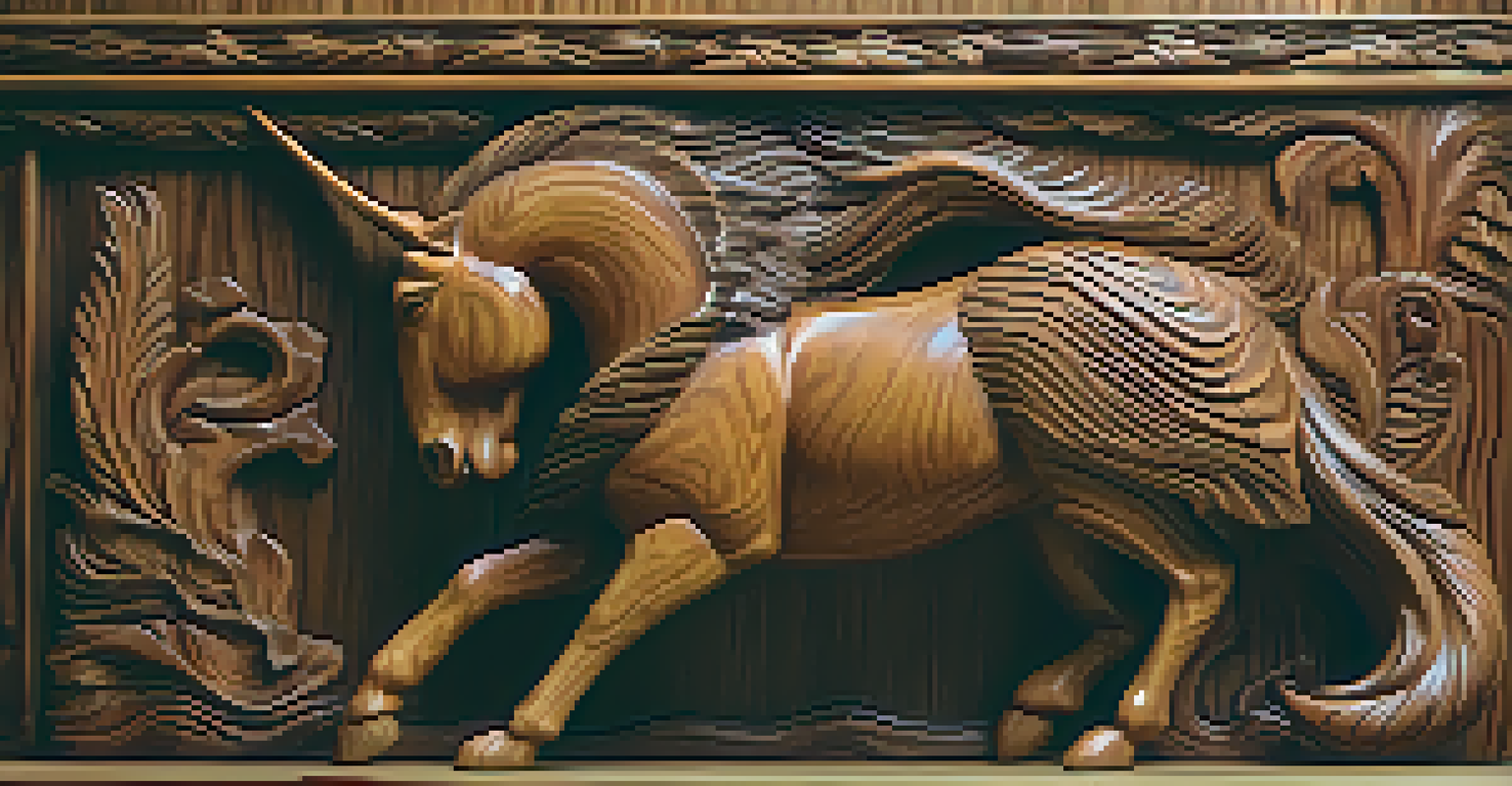 A close-up of an intricately carved wooden sculpture of a mythical creature, displayed on a rustic table with soft lighting.