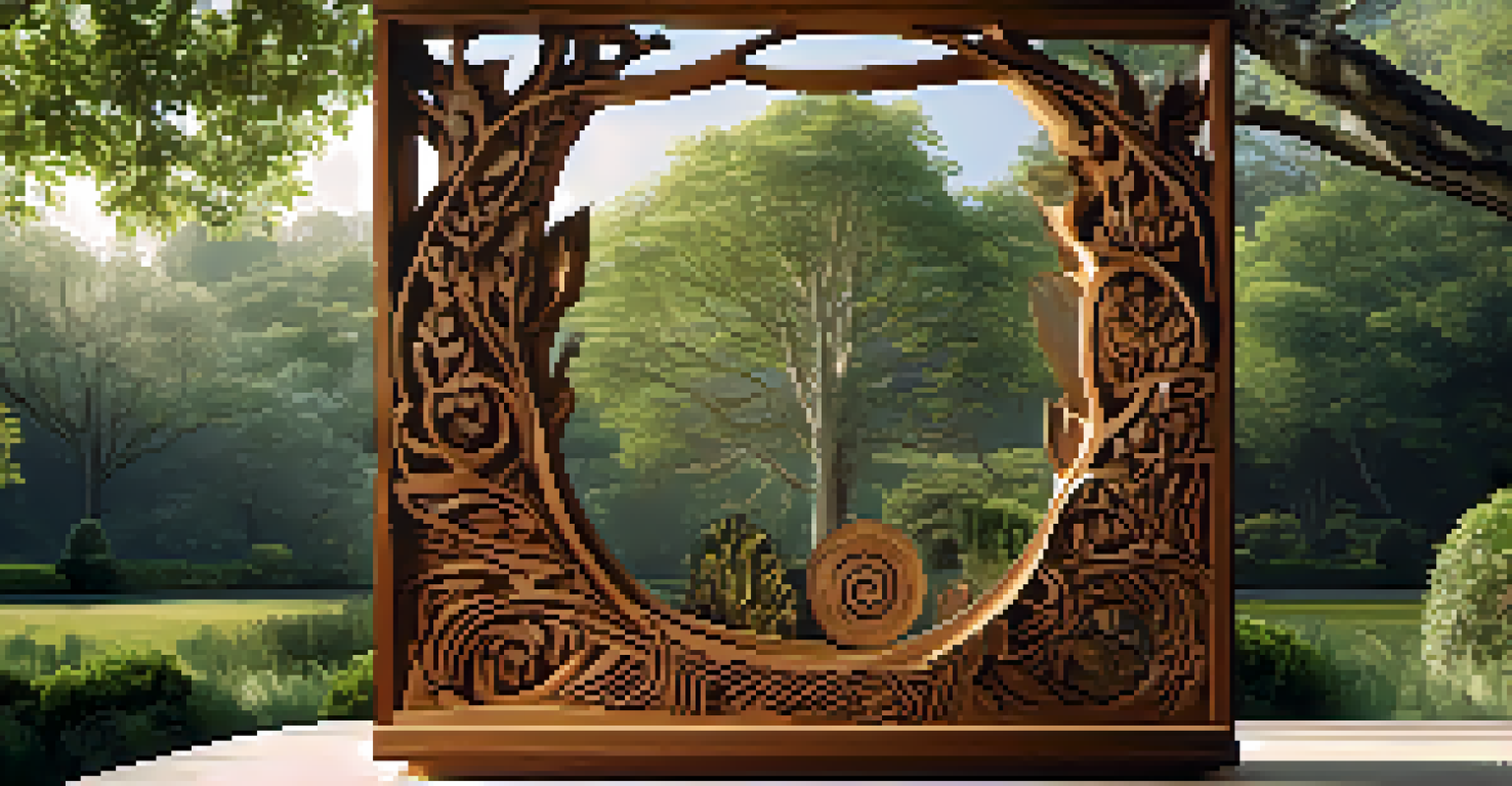A detailed outdoor sculpture made from sustainably sourced timber, featuring intricate nature-themed carvings surrounded by greenery.