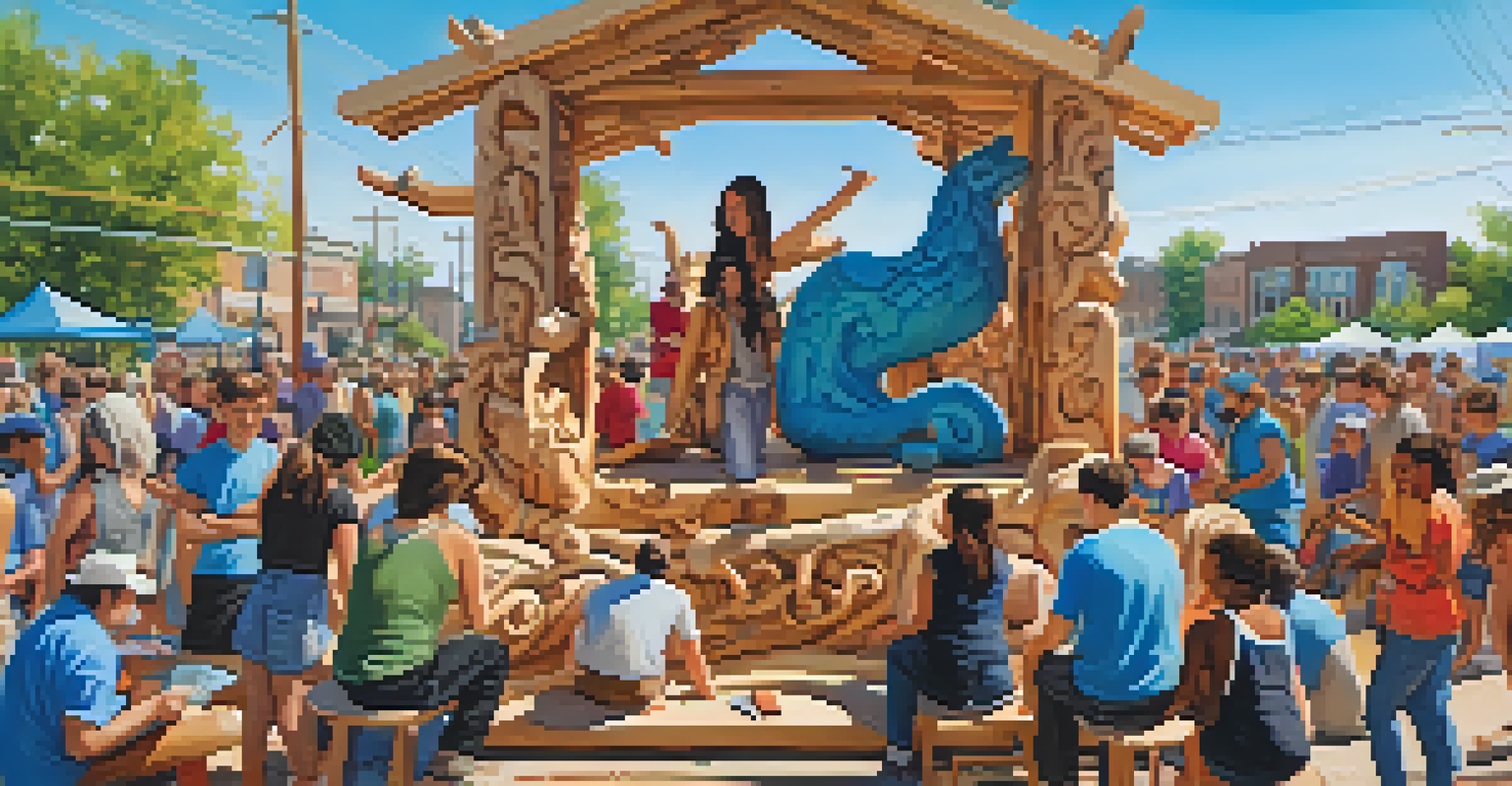 A community carving event with students and artisans working together on a large sculpture, surrounded by colorful materials and tools.