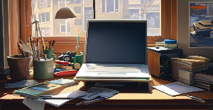 An artist's desk showcasing animation tools from different eras, with warm sunlight illuminating the workspace.