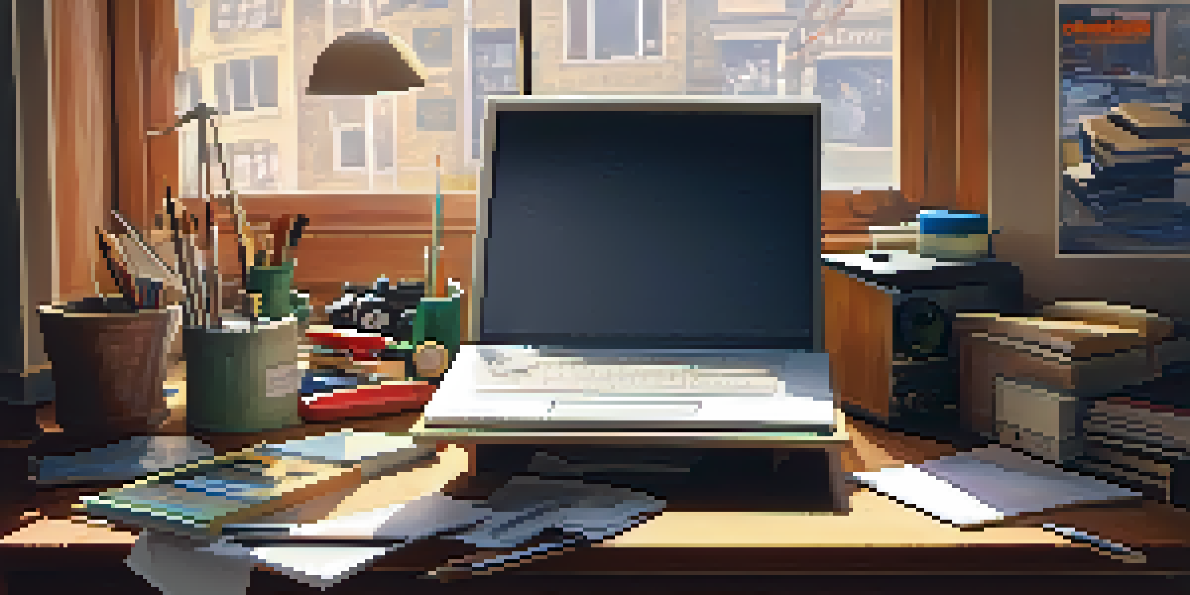 An artist's desk showcasing animation tools from different eras, with warm sunlight illuminating the workspace.