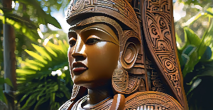 A detailed Māori wooden statue with intricate carvings set in a green garden illuminated by sunlight.