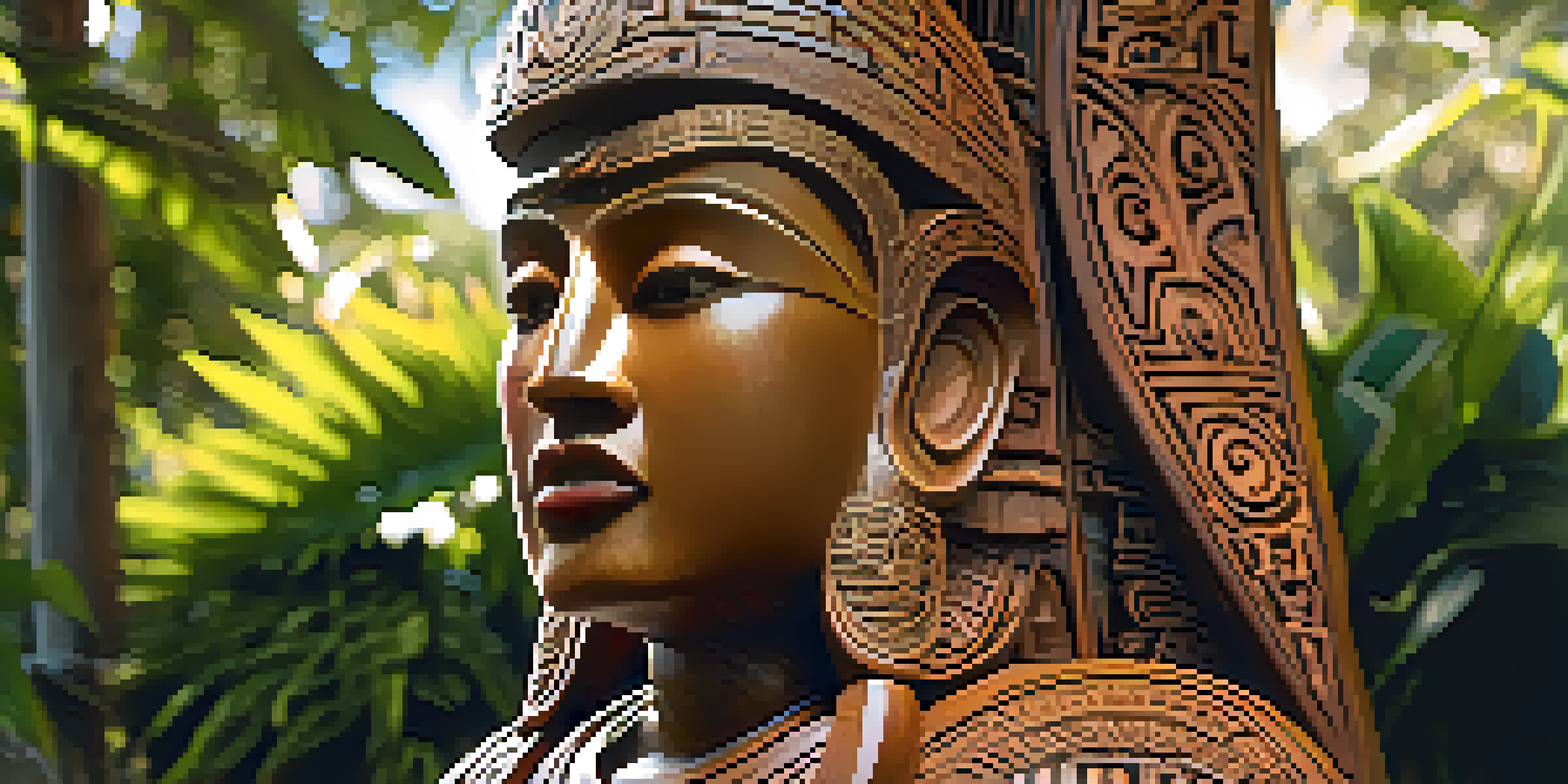 A detailed Māori wooden statue with intricate carvings set in a green garden illuminated by sunlight.