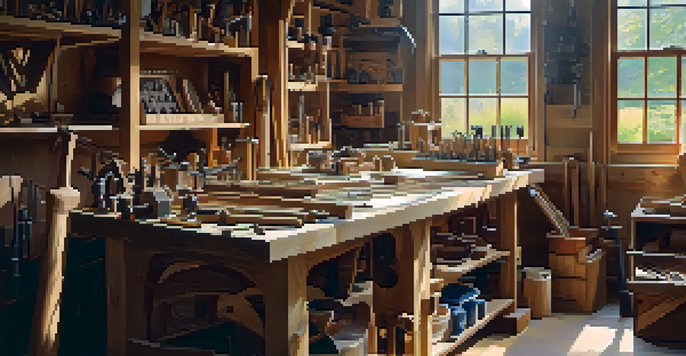 A woodworker's workshop with various tools and wooden pieces, illuminated by natural light.