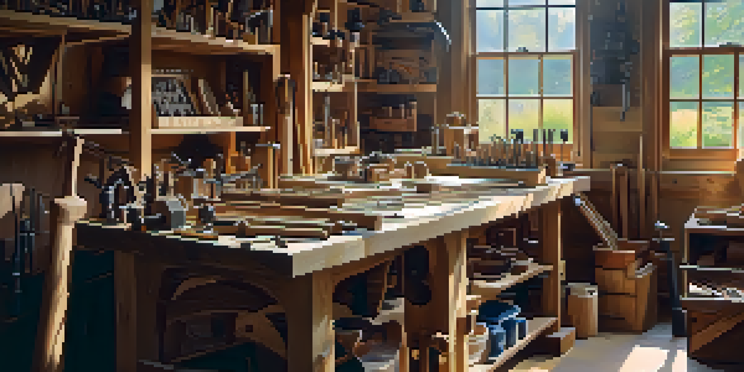 A woodworker's workshop with various tools and wooden pieces, illuminated by natural light.