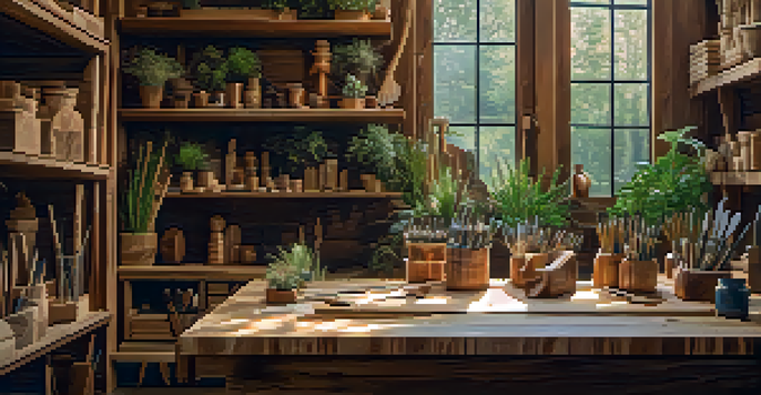 An artisan working in a bright workshop, carving a reclaimed wooden piece, surrounded by plants and eco-friendly tools.