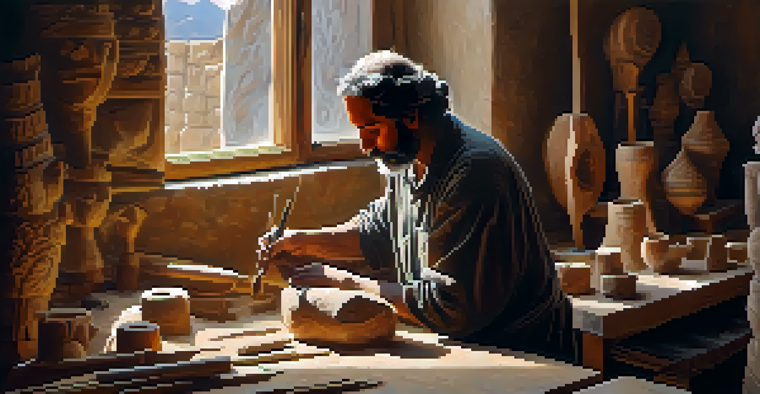 An artisan carving a wooden sculpture in ancient Mesopotamia, surrounded by tools and unfinished works, illuminated by natural light.