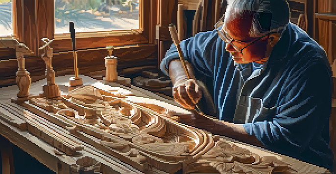 An artisan engaged in hand-carving a wooden sculpture with tools, illuminated by soft natural light.