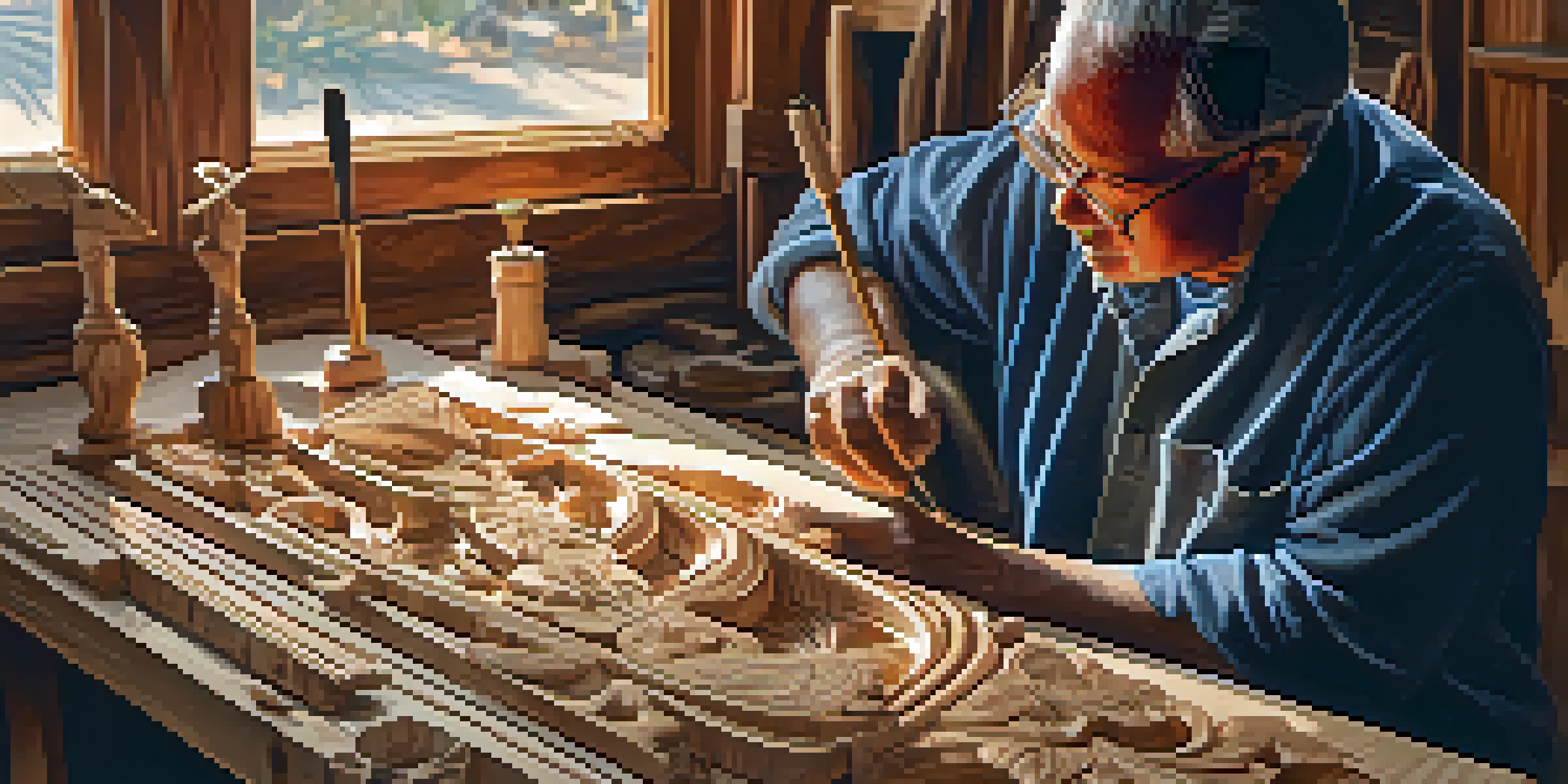 An artisan engaged in hand-carving a wooden sculpture with tools, illuminated by soft natural light.