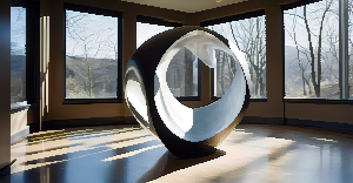 A contemporary sculpture with a central void and abstract shapes, made of polished stone, illuminated by soft natural light.