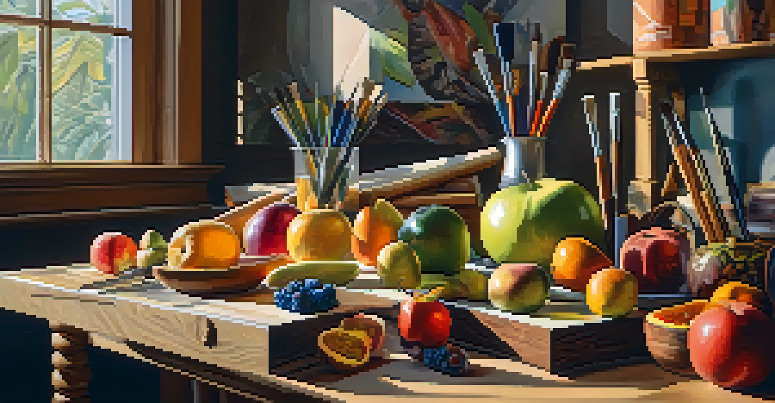An artistic workspace with carving tools and colorful fruits, illuminated by natural light, creating a vibrant atmosphere.